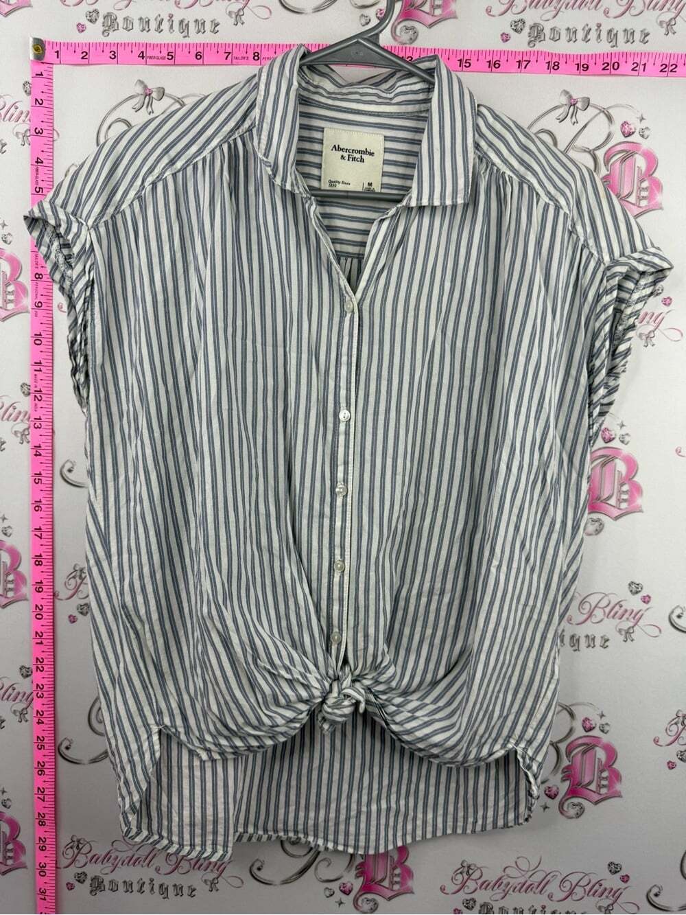 Abercrombie & Fitch White and Blue Vertical Stripe Tie-Hem Button Shirt
